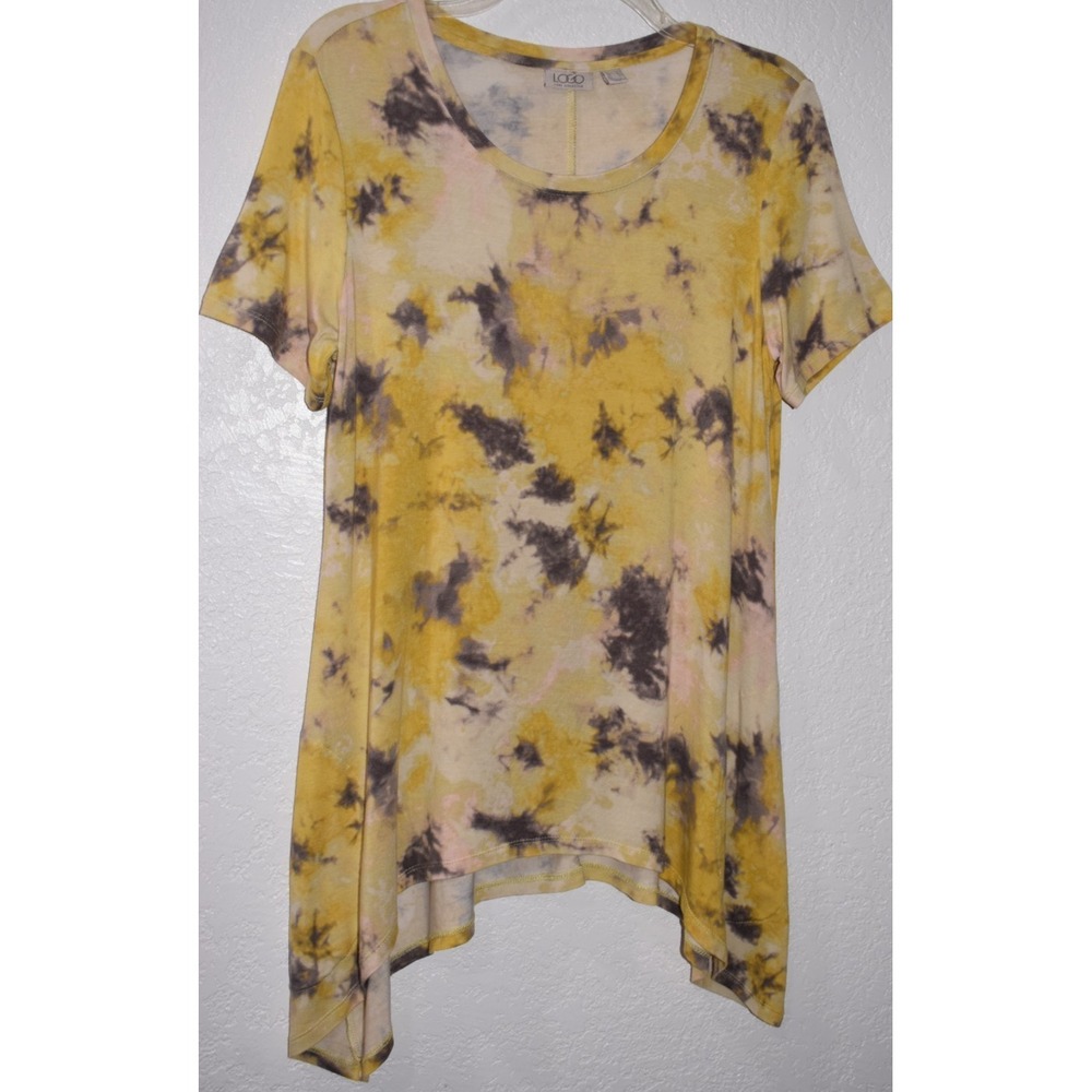 LOGO Lori Goldstein top Tie-Dye Stretch Comfy Yellow Gray Asymmetrical Tunic Pkt
